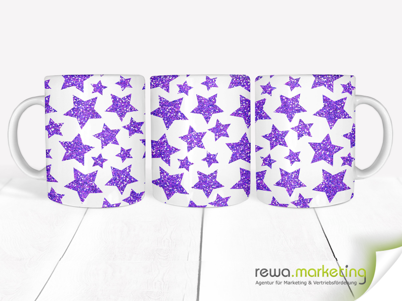 Coffee cup with purple glitter stars - panorama print
